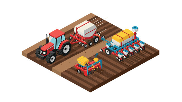 Isometric farming equipment on field with tractor and seeders in action