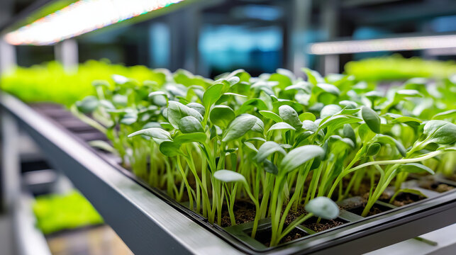 Professional caring for microgreens in modern indoor farm, sustainable agriculture practice, controlled environment cultivation, fresh produce production, hydroponic systems, LED g