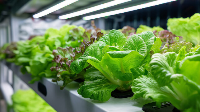 Rows of vibrant green lettuce and leafy vegetables, bright LED lights illumination, modern indoor vertical farm, controlled environment agriculture, sustainable food production, hy