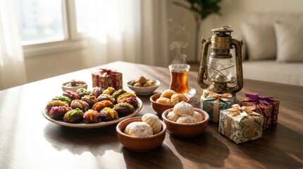 Eid Celebration Table with Maamoul Kahk Tea Gifts and Traditional Lantern