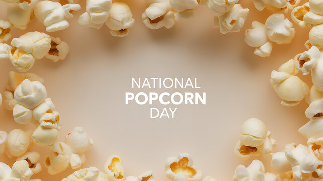 National Popcorn Day celebration with popcorn arranged in a circular frame on a soft background