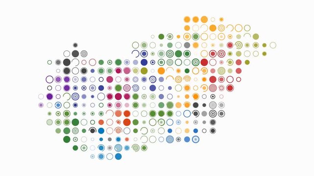 Hungary map animation. Shape of the country with pulsating colored dots. Large size circle blocks. Digital style Hungary map on white background. Creative video.