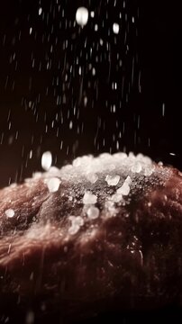 Coarse salt crystals fall and land on the textured surface of a piece of raw meat