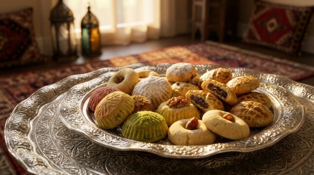 Traditional Maamoul Cookies on Silver Plate for Islamic Holiday Celebration