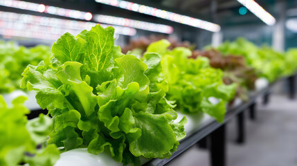 Rows of vibrant green lettuce and herbs, high-intensity LED lights overhead, modern controlled-environment farm, sustainable agriculture, hydroponic cultivation, efficient food pro
