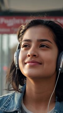 Vertical video: Song starting woman listening tilting up at stop wearing denim jacket headphones