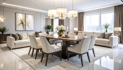 Fototapeta premium Luxurious dining room with modern furniture, natural light, and elegant decor
