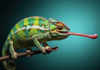 Vibrant green chameleon perched on a branch with extended tongue