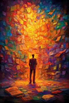 Man with an inspired mood standing before a vortex of flying books in oil painting style representing the power of knowledge and storytelling on a glowing background.