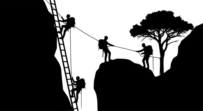 Black Silhouette Figures Climbing a Ladder Rope Tree and Rock on White Background ascent mountaineering
