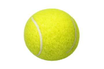 Tennis ball isolated on a transparent background, bright yellow fuzzy surface and white seam, ready for play
