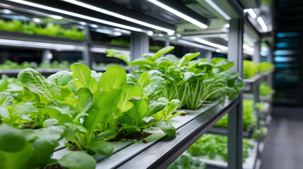 Innovative vertical farming with vibrant green plants, growing indoors under artificial lights, sustainable agriculture exploration, controlled environment cultivation, modern farm