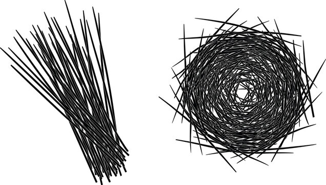 Abstract hand drawn messy lines vector illustration set including bundle of sticks and circular tangled bird nest sketch