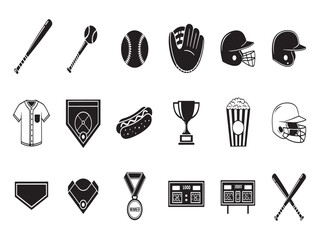 Collection of black and white sports equipment icons including baseball football and hockey gear