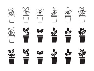 Collection of potted plant icons in varying stages of growth simple black and white design