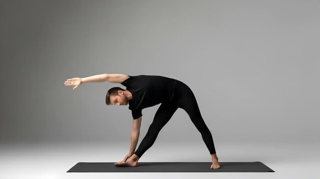 Focused man in black activewear executes a full body stretch, demonstrating the triangle yoga pose with controlled form and a neutral expression.