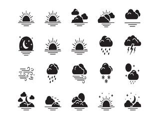Collection of minimalist weather icons featuring sun moon clouds rain and snow in black and white