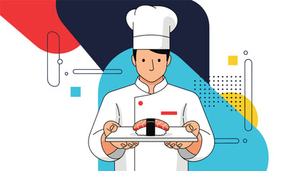 Professional sushi chef in a traditional white uniform presents a freshly prepared piece of salmon nigiri on a serving plate.