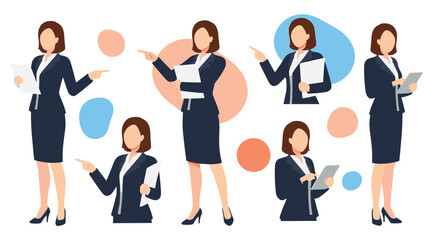 Obraz premium Professional businesswoman depicted in various poses including giving presentations, reading documents, and using tablets for work.