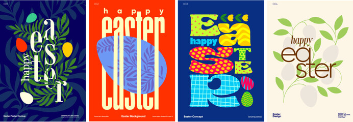 Collection of Easter-themed posters featuring colorful designs and typography. Each poster showcases unique styles with elements like eggs, leaves, and playful patterns, perfect for festive