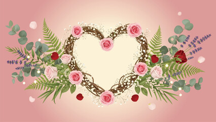 Rustic Heart Wreath with Pink Roses, Eucalyptus, Lavender, and Ferns - Natural Romantic Border
