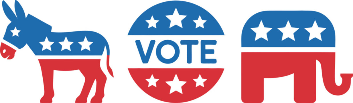 Iconic American political symbols of the Democratic donkey, Republican elephant, and a Vote button in patriotic colors