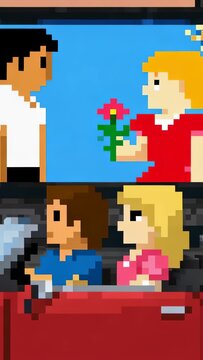 Vertical video: After kiss man offering pink bloom to red-dress woman for love, red car below