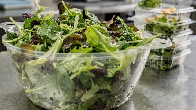Medium shot of crisp salad greens drying in a commercial spinner showcasing the preparation process for familysize readytoeat salad packs.