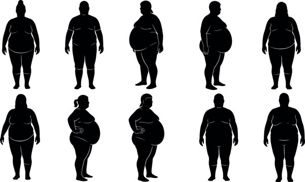 Set of Overweight and Obese People Silhouettes Vector Illustration for Body Positive and Health Design Concepts