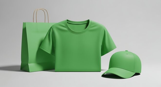 Green T-shirt, Cap, and Shopping Bag Mockup for Branding and Design.