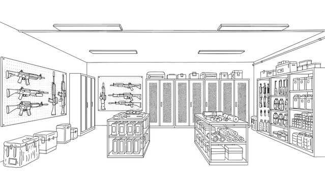 Line art armory room with weapons and equipment storage