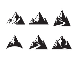Set of six black and white mountain logos with winding roads ideal for outdoor adventure branding