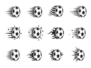 Dynamic soccer ball speed lines set in black and white vector illustration for sports themes and designs