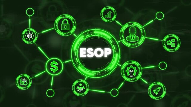 E S O P employee stock ownership plan concept with green neon and connections representing business finance and technology