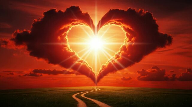 Heart shaped clouds at sunset with a road leading to the horizon