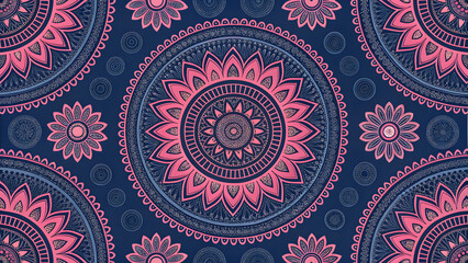 Fototapeta premium Traditional Mandala Textile Pattern, Repeating Ethnic Floral Motif, Pink and Blue