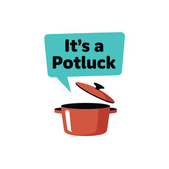 A teal speech bubble announces it s a potluck above a red pot