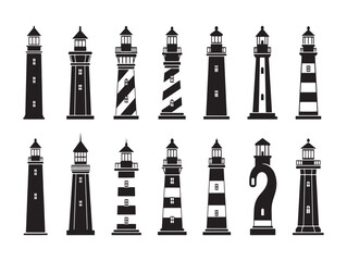 Collection of vintage black and white lighthouse illustrations in various shapes and sizes arranged in rows