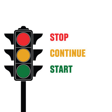 A traffic light displaying red yellow and green signals with text