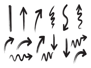 Collection of hand drawn black brushstroke arrows in various shapes and directions isolated on white