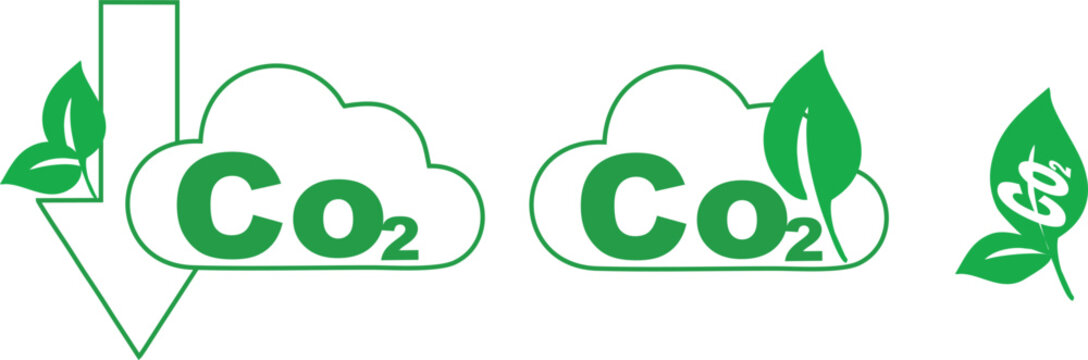 Green CO2 Emission Reduction Icons and Carbon Neutral Symbols with Leaves and Down Arrow, Environmental Sustainability Graphics for Eco Friendly Business Concept