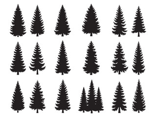 Collection of various black silhouette pine trees arranged in a grid pattern on a white background