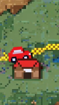 Vertical video: Driving red car moving right along yellow road at start, aiming toward blue flag