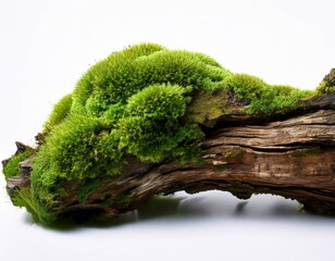 fresh green moss on rotten tree isolated on white background