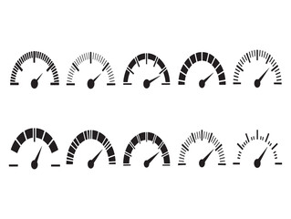 Set of black speedometers and gauges illustrating different levels of performance and measurement
