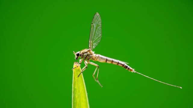 Close-up of a Mayfly Perched on a Green Blade of Grass with a Vibrant Green Background.