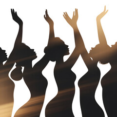 Fototapeta premium Women's silhouettes dancing with arms raised against a dark, cloudy sky background Isolated on transparent background