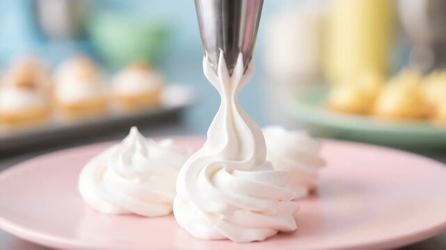 Elegant pastry chef piping sweet meringue swirls in bright macro shot