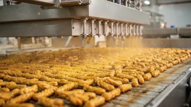 Medium shot capturing a multilane oil spray flavor applicator evenly misting flavored oil on rows of baked snacks emphasizing highcapacity snack seasoning efficiency.