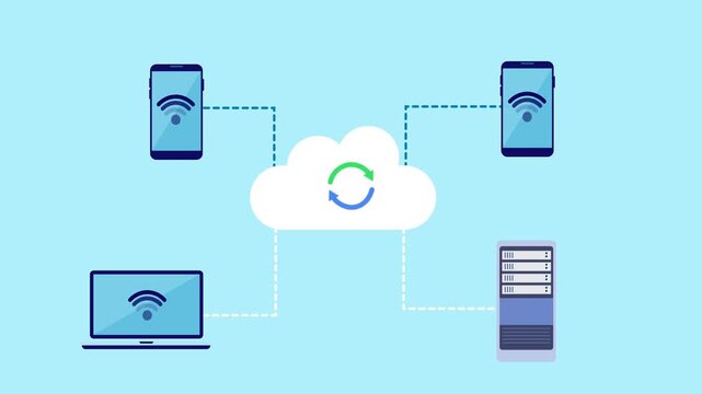 Flat vector illustration of a cloud with a sync icon connected to smartphone, laptop, and server, representing cloud data synchronization across devices on a light blue background.
